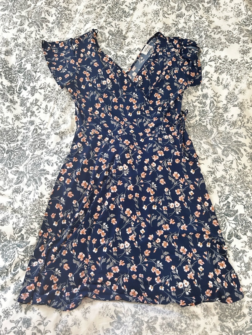 Kaileigh Navy Floral Mini Wrap Dress with Pink Accents